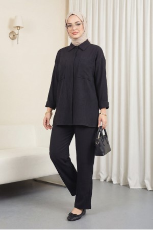 Körüklü Cepli İkili Keten Takım   -Siyah
