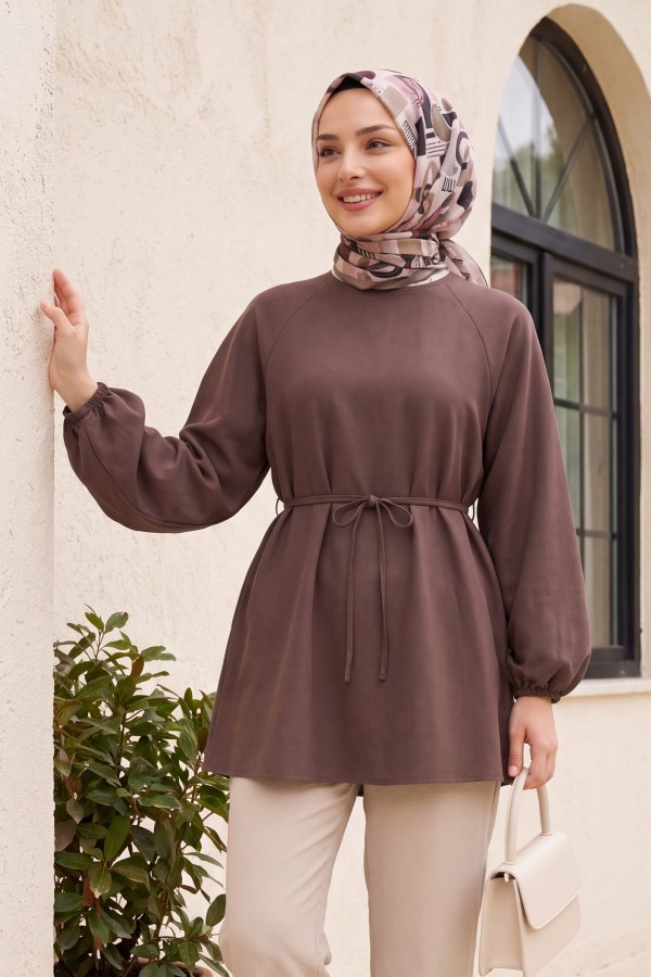 Round Neck Tied Waist Balloon Sleeve Tunic  -Light coffee