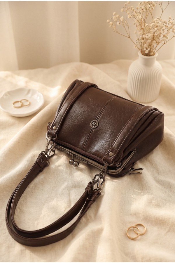 Vintage Design Functional Multi-Compartment Shoulder Bag -Dark Coffee
