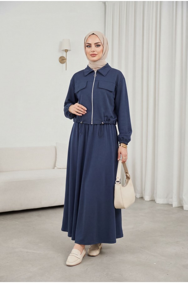 Oysho Set with Zipper, Elastic Waist, Shirt Collar, and Flap Pockets -Smoked 