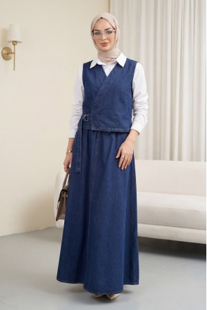 Side Tie Vest Skirt Denim Set  -Navy blue