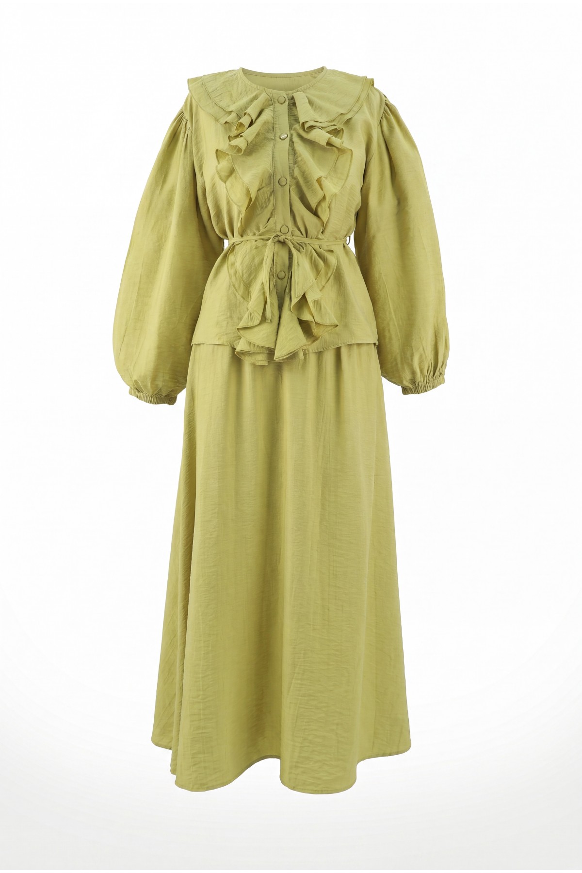 Strawberry Style Skirt Set with Ruffled Front, Elasticated Sleeves, and Belted Waist -Oil Green