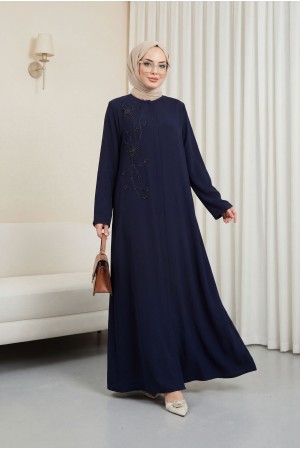 Çiçek Detay Taşlı Ferace Lacivert HM2847