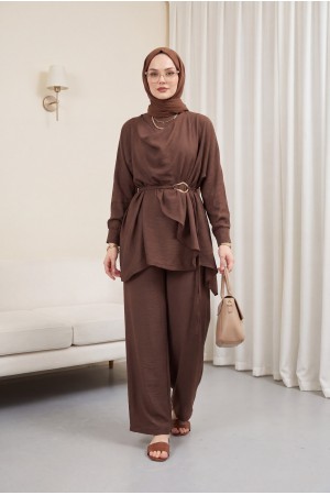 Asymmetrical Cut Trousers, Lined, Belted Cupra Suit -Brown