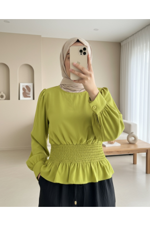 Elastic Waist Short Blouse   -PISTACHIO GREEN