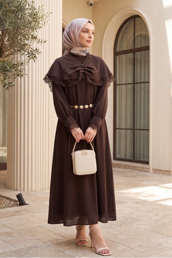 Imported Ibiza Dress with Lace Detail, Cape, Belt, and Lining. -Brown