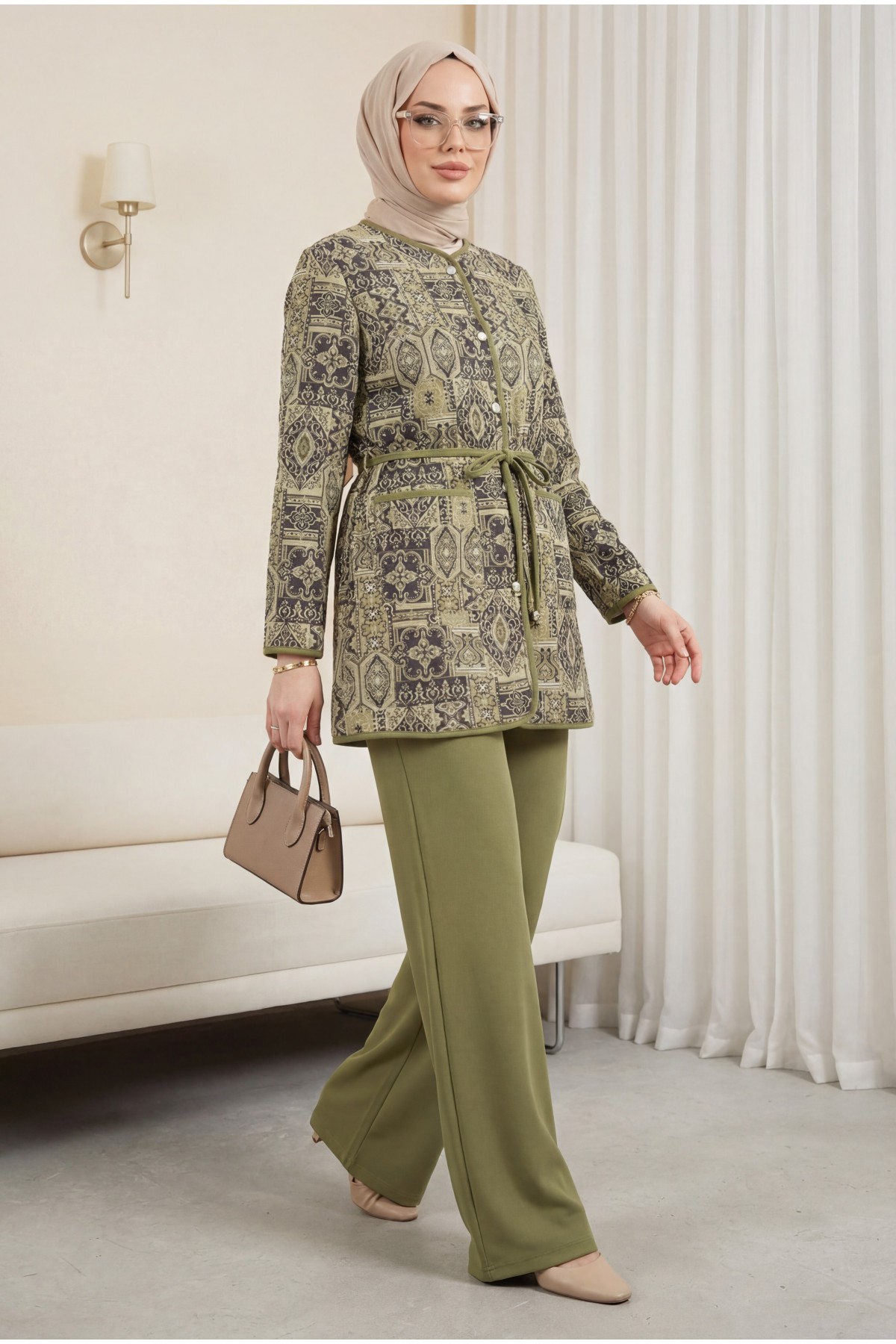 Tied Waist Double Pocket Patterned Scuba Suit -Khaki