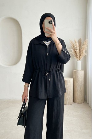 Tünel Bağcıklı Beli Lastikli Pantolonlu Pamuklu Krinkıl Takım -Siyah