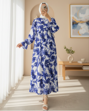 Half Buttoned Waist Tied Patterned Dress -Saxe 