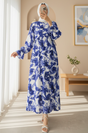 Yarım Düğmeli Beli Bağcıklı Desenli Elbise  -Saks