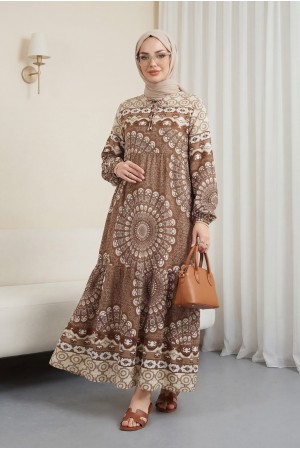 Parçalı Deseli Bağcıklı Kolu Lastikli Elbise  -Kahve