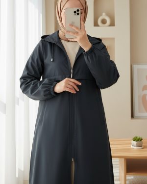 Boydan Fermuarlı Kapşonlu Uzun Yağmurluk -Laci