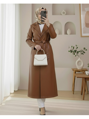    Beli Kemerli Yan Cepli Tek Düğmeli Deri Trençkot -Taba