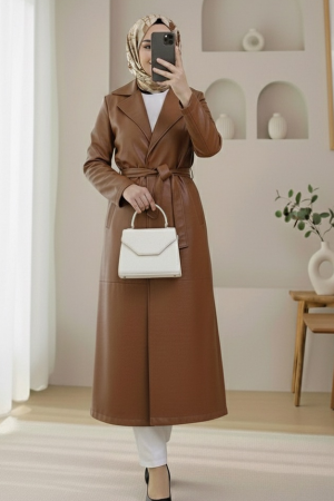    Beli Kemerli Yan Cepli Tek Düğmeli Deri Trençkot -Taba