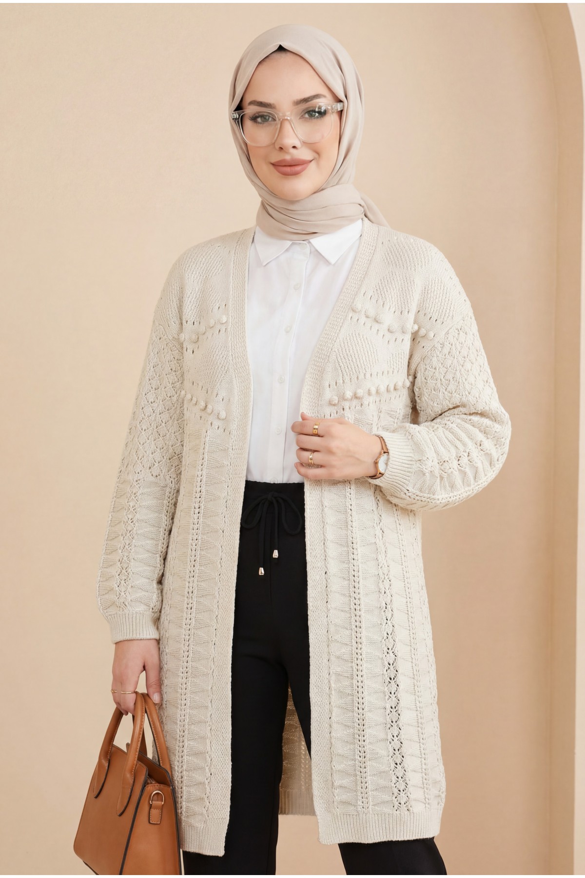 Pom-pom embellished mixed pattern mid-length knitted cardigan -Stone