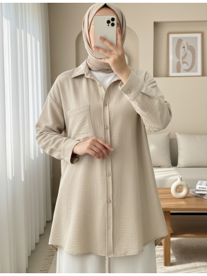 Tek Cepli Düğmeli Keten Gömlek -Taş