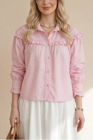Fırfır Detaylı Düğmeli Kısa Gömlek -Pembe