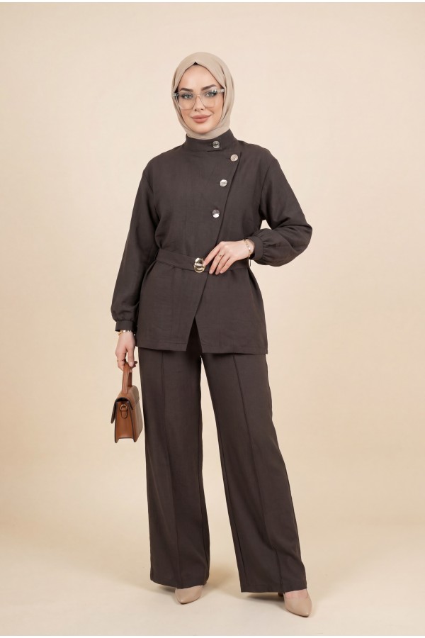 Cupra Suit with Gold Buttons, Buckle, Belt, and Ruffle Details -Dark Coffee