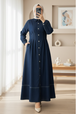 Pile Detaylı Boydan Düğmeli Cepli Kot Elbise -Laci