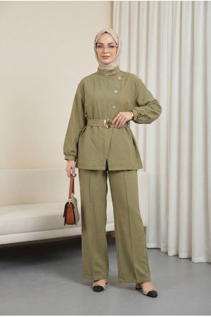 Gold Düğmeli Tokalı Kemerli Fırfır Detaylı Cupra Takım  -Haki