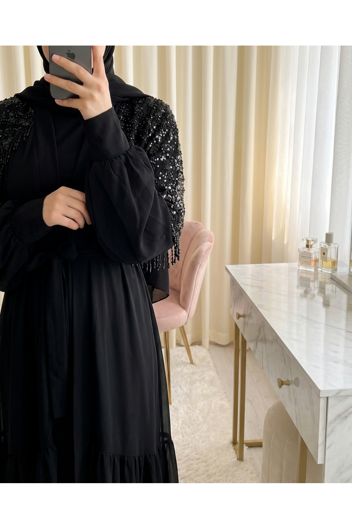 Two-Piece Abaya Set with Cut Beads and Belt -Black