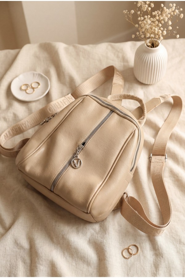 Soft Textured Double Compartment Women's Backpack -Mink color