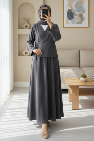 Yandan Bağlamalı Etekli Keten Takım   -Füme