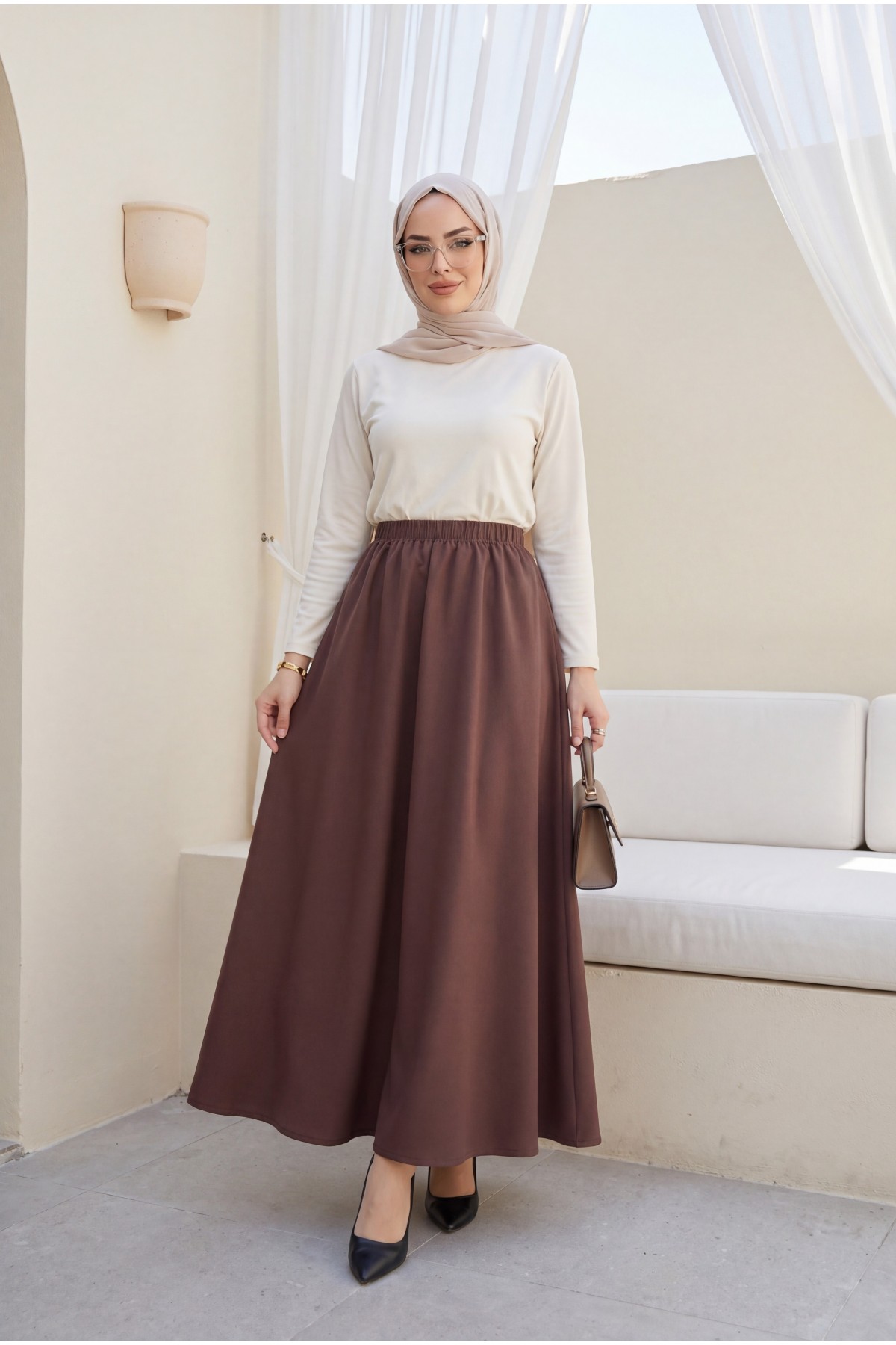 تنورة باراشوت بخصر مطاطي مع جيوب  -بنى
