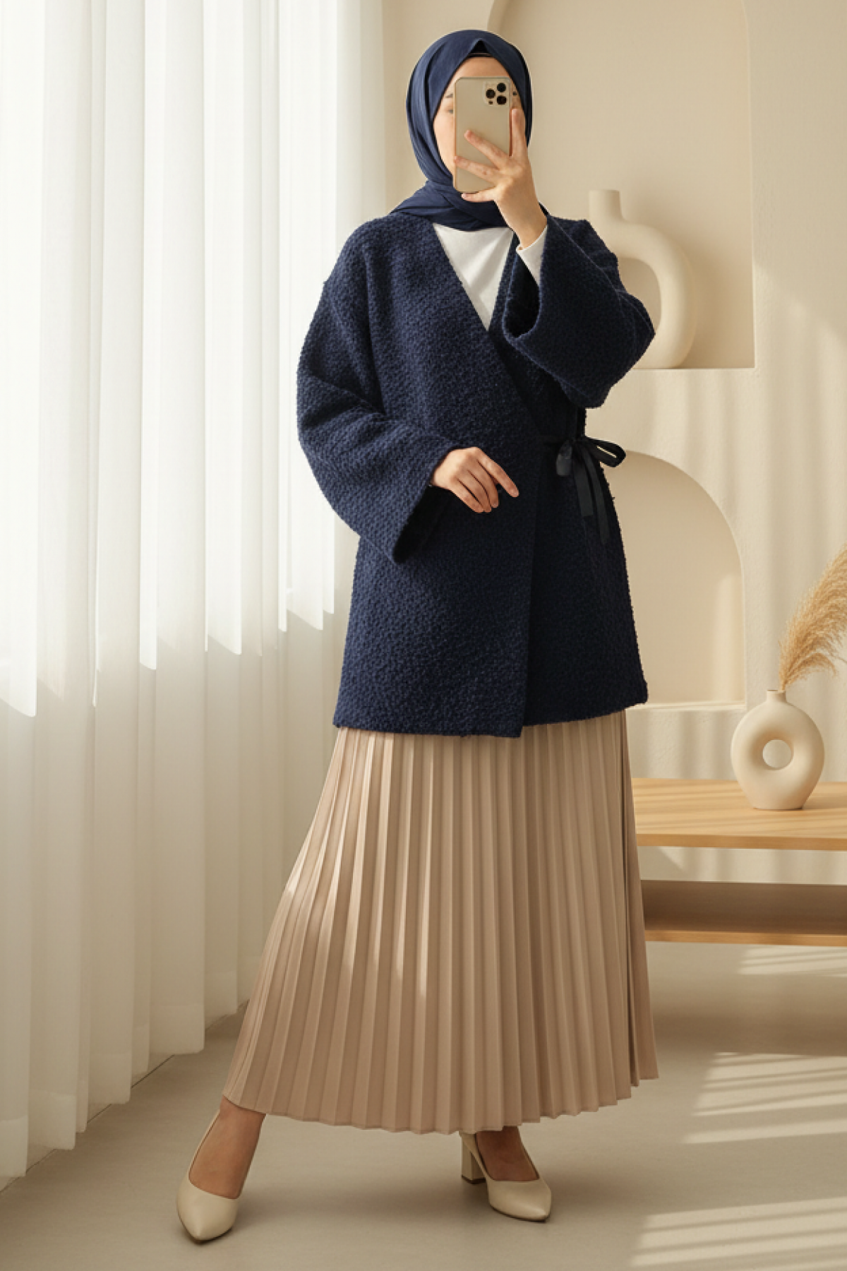 Side Tie Boucle Kimono   -Navy blue