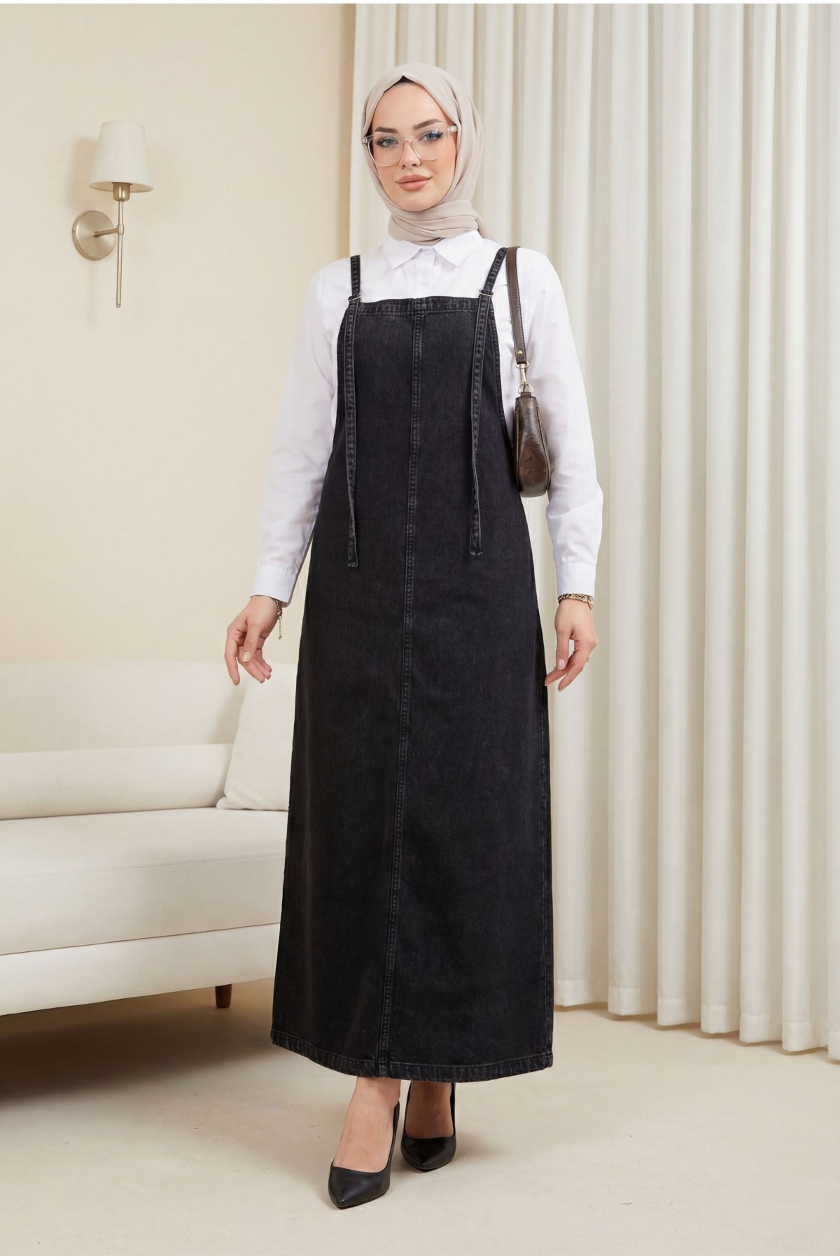 Thin Strap Denim Gilet  -Black