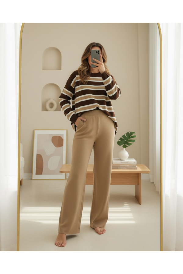 Round Neck Colorful Striped Casual Knitwear Suit -Mink color