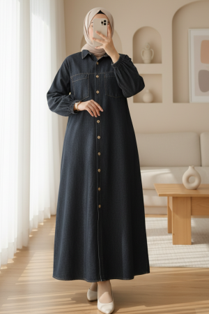 فستان جينز بأكمام مرنة وأزرار وجيوب  -أنثراسايت