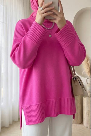 Ribbed Hem and Cuff Round Neck Slit Knit Tunic -Pink