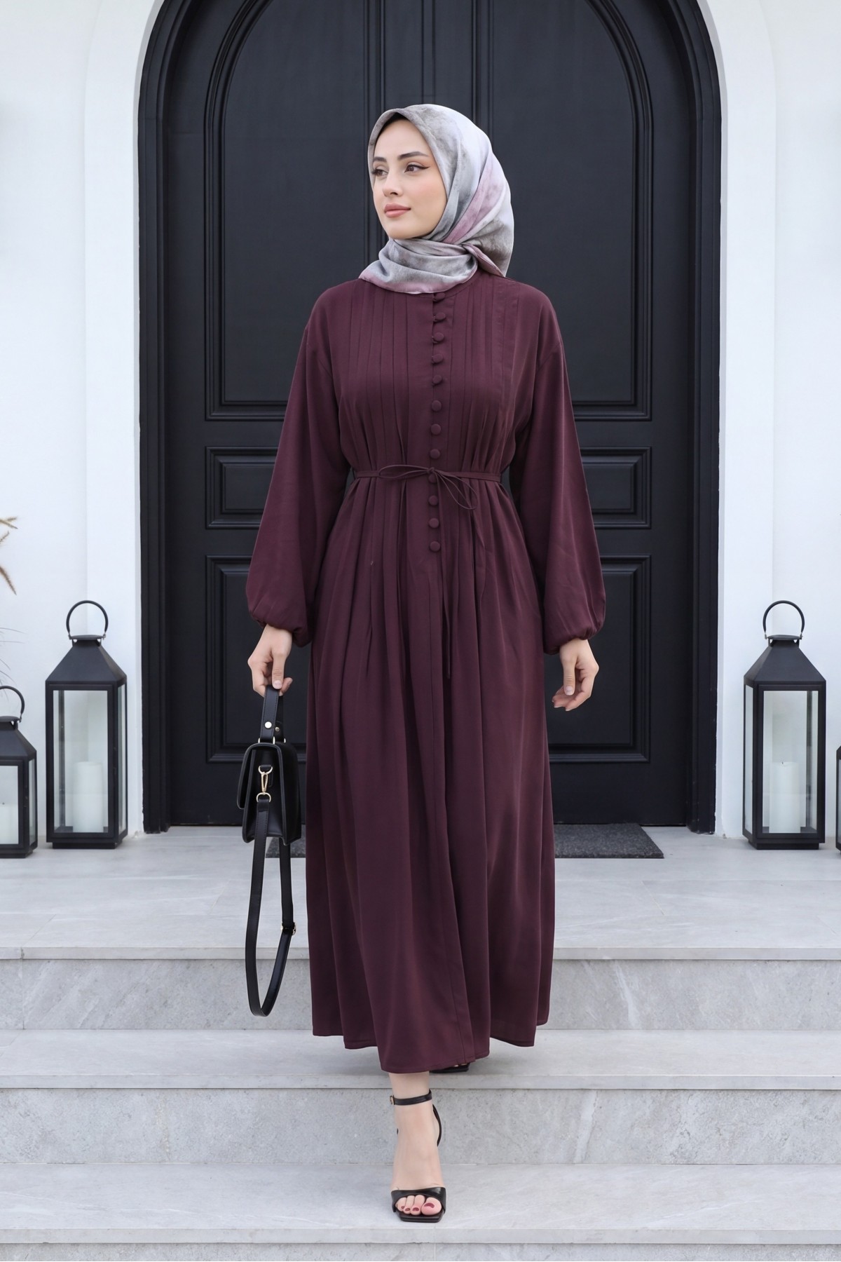 Half-Button Modal Dress with Ribbed Front and Belt -Damson