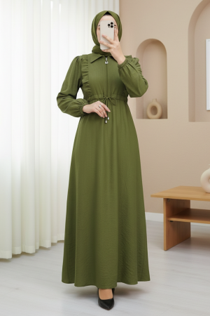 Half Buttoned Tunnel Laced Dress with Ruffle Front  -Oil Green