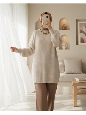 Balloon Sleeve Yumoş Knitted Knitwear Tunic -Stone