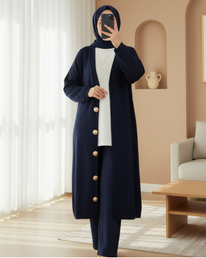 Buttoned Selanik Long Cardigan -Navy blue