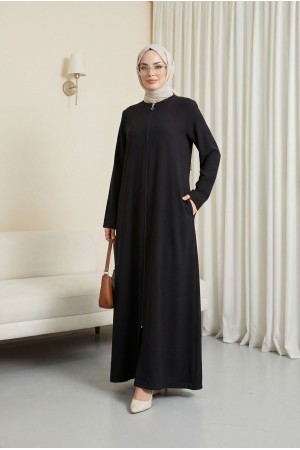 Fermuarlı Büyük Beden Ferace Siyah HM2488