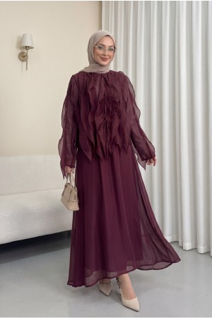 Önü Bağlamalı Fırfırlı Astarlı Asimetrik Kesim Cupra Takım  -Mürdüm