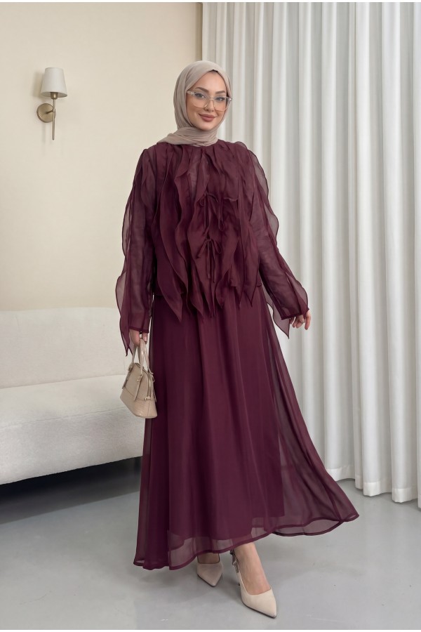 Front-tie ruffled, lined, asymmetrical cut Cupra suit -Damson