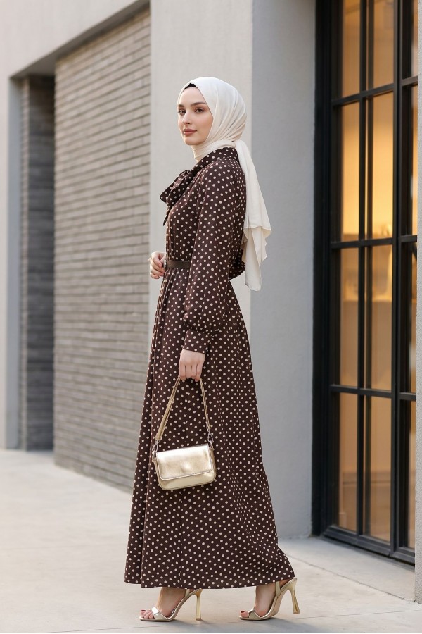 Polka Dot Viscose Dress with Tie Neckline and Belted Waist -Brown