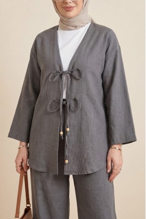 طقم كيمونو مع بنطال برباط أمامي مزدوج       -أنثراسايت