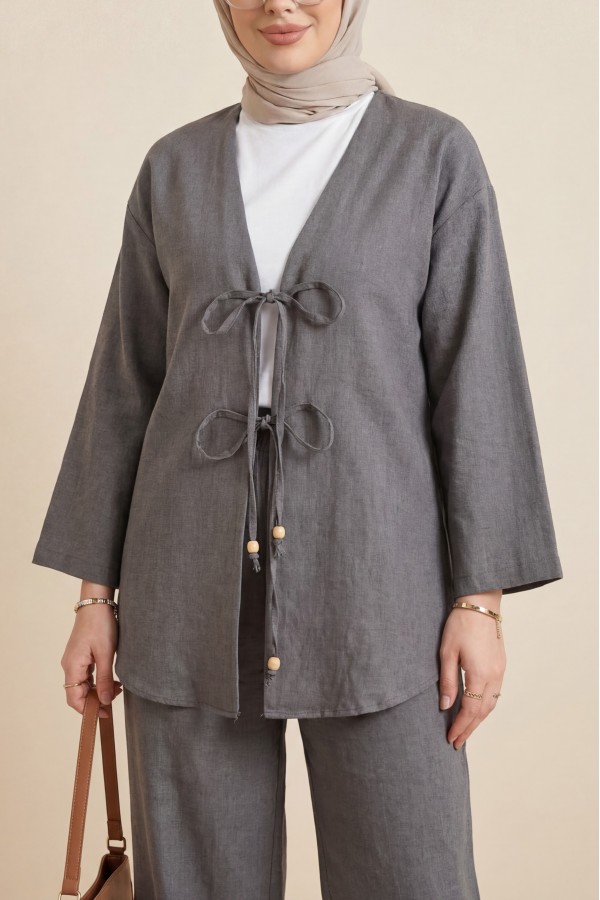 Önü Çift Bağlamalı Pantolonlu Kimono Takım       -Antrasit