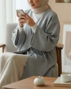 Yandan Bağlamalı Keten Kimono -Gri