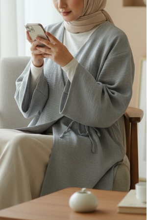 Yandan Bağlamalı Keten Kimono -Gri