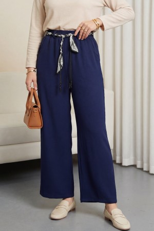 Bol Paça Beli Lastikli Kemerli Cepli Keten Pantolon  -Laci