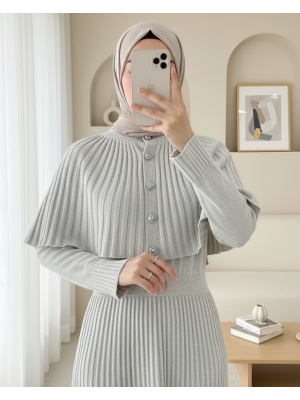 Eteği Fitilli Beli Lastikli Pelerin Detaylı Uzun Triko Elbise -Taş