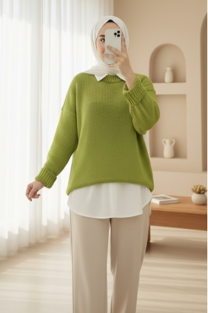 Crew Neck Skirted Ribbed Casual Knitwear Sweater -PISTACHIO GREEN