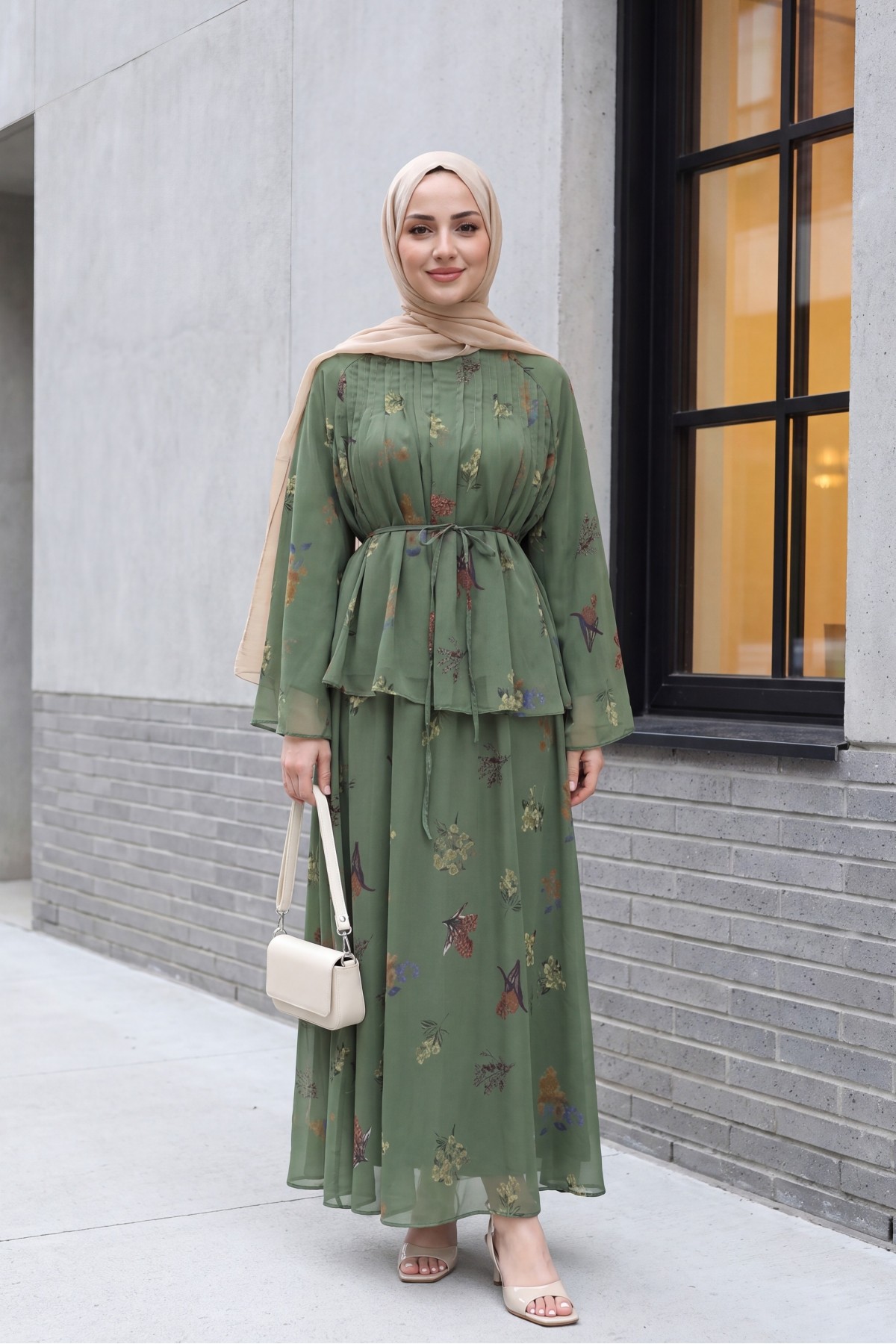Spanish-style chiffon set with lined sleeves, belt, and floral skirt. -Khaki