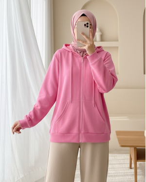 سترة من القطن الممشط بغطاء رأس وسحاب وجيوب  -وردي